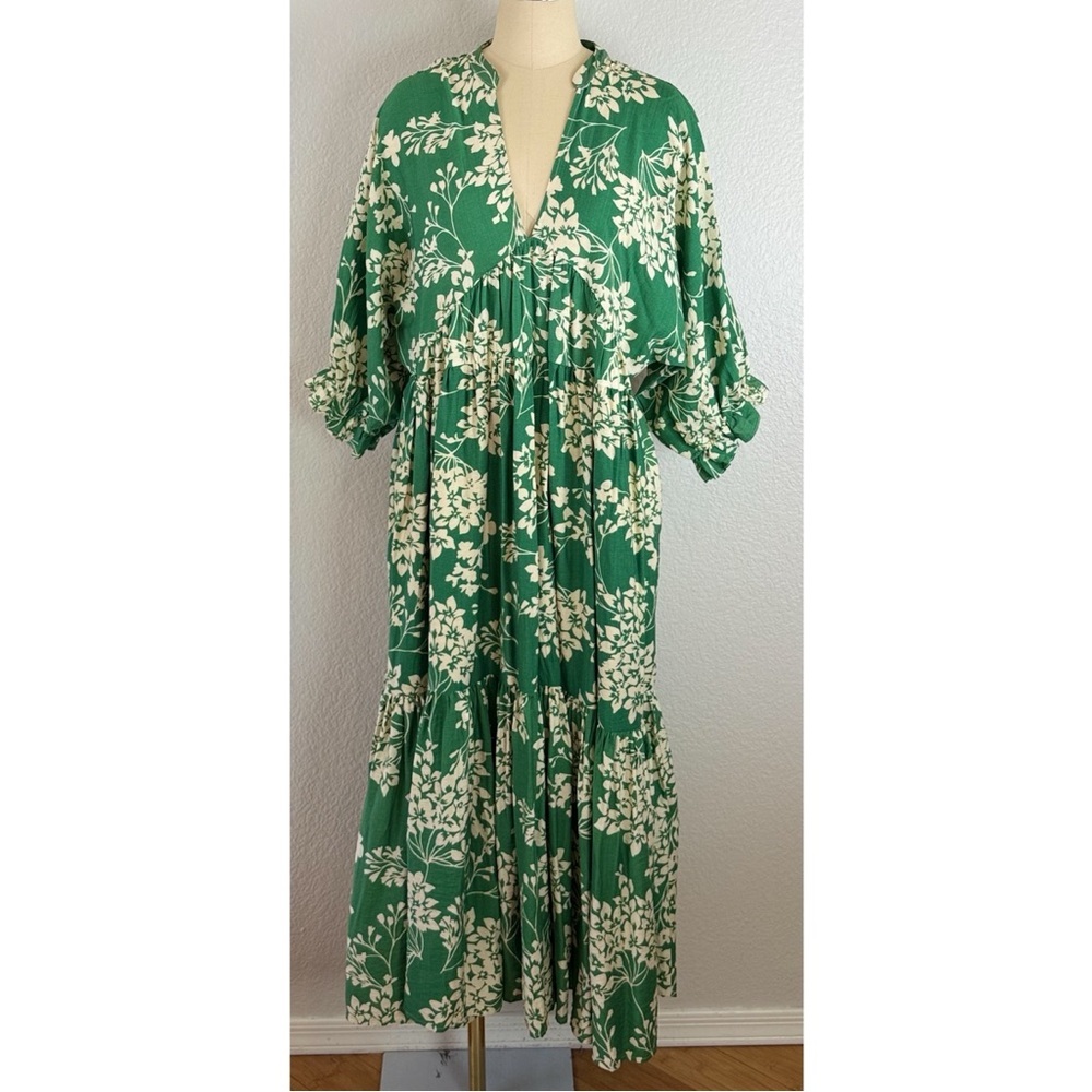 Dress Day Green Floral Maxi Dress with Cream Botanical Print Large